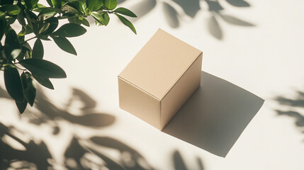 Poster - A simple brown box resting on a light surface with shadows cast by nearby green leaves in daylight