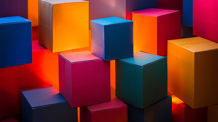 Poster - Colorful stacked boxes illuminated by vibrant lighting in an artistic display during evening hours