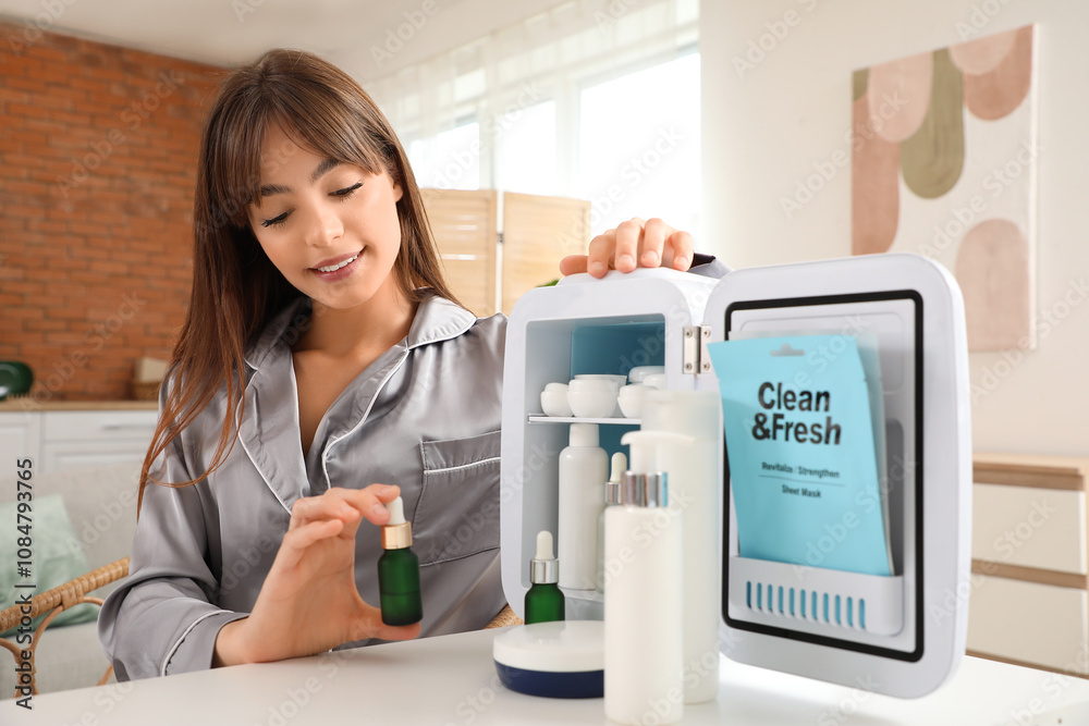 Beautiful young woman taking cosmetics from refrigerator at home