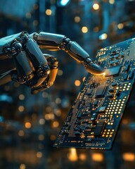 Poster - Futuristic Robotic Hand Interacting with Advanced Technology Circuit Board in a High-Tech Environment, Showcasing Innovation and Automation Concepts