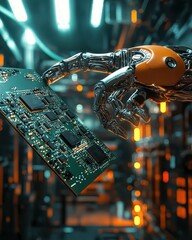 Poster - Futuristic Robot Hand Holding a Printed Circuit Board in a High-Tech Data Center with Glowing Orange Lights and Modern Electronics Background