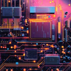 Poster - Abstract Close-Up of a High-Tech Circuit Board with Vibrant Colors and Complex Patterns Highlighting the Intricacies of Modern Electronics and Technology Design