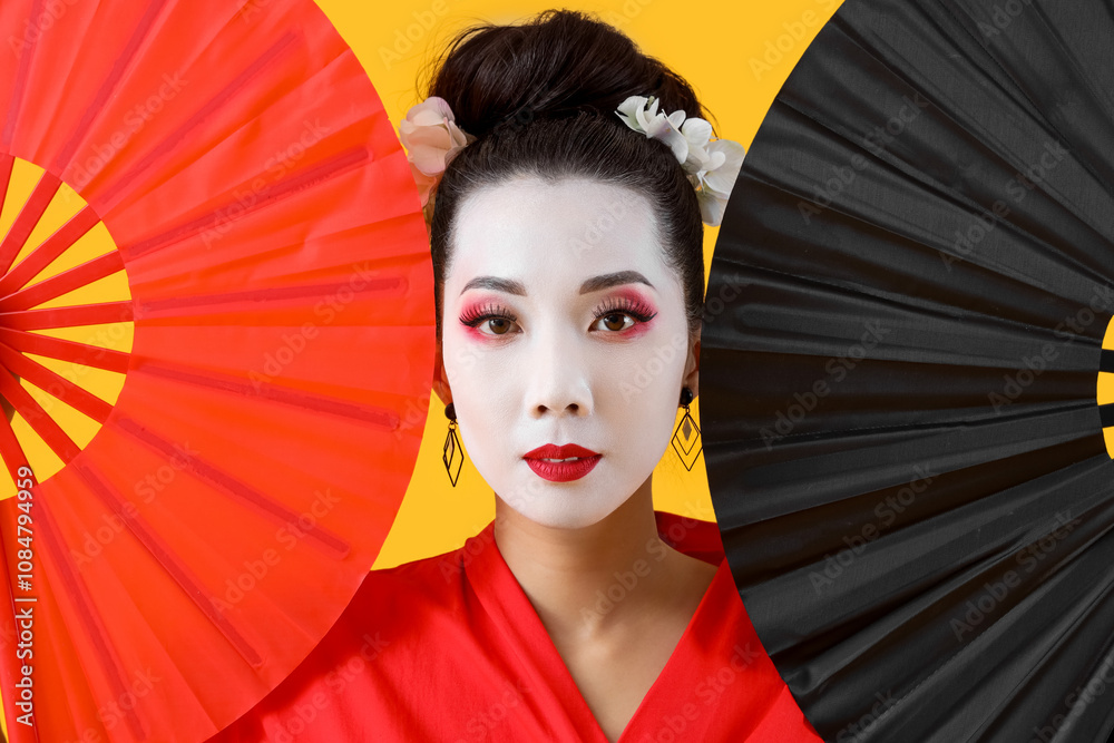 Beautiful young geisha with fans on yellow background