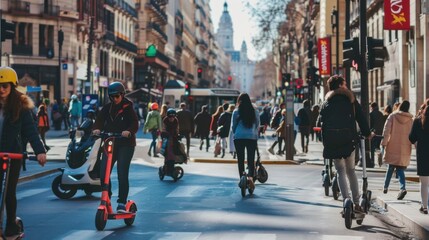 Poster - A bustling urban street filled with electric scooters, Urban mobility scene, Modern lifestyle style