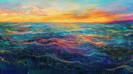 Poster - Vivid Abstract Ocean Waves at Sunset with Mesmerizing Color Palette of Blues, Purples, Oranges, and Yellows Reflecting the Beauty of Nature's Serenity