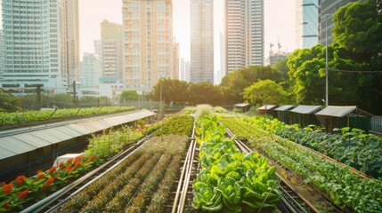 Aufkleber - A city rooftop garden with sustainable farming practices, symbolizing eco-conscious living in urban environments, Urban lifestyle scene