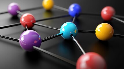 Poster - Colorful Spheres and Connecting Lines Representing Molecular Structure on a Black Surface in a Contemporary Scientific Visualization