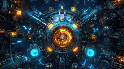Poster - Futuristic Mechanism with Neon Lights and Circular Centerpiece, Showcasing Intricate Technology and Complex Design Elements for Sci-Fi Themes