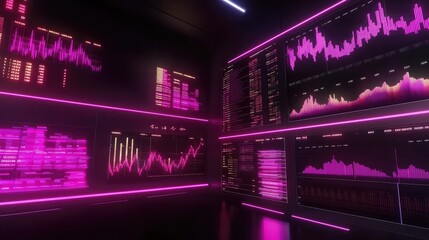 Poster - Neon-infused futuristic data analysis room showcasing dynamic graphs, analytics, and stock market trade data visualizations in a high-tech environment