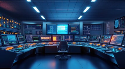 Poster - Ultra-Modern Control Room with High-Tech Screens and Advanced Monitoring Equipment Ideal for Technology and Engineering Projects