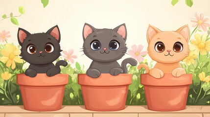 Naklejka na meble Three cute cartoon kittens sitting in flower pots against a cheerful floral background.