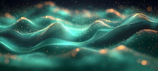Poster - A mesmerizing abstract depiction of flowing waves in a rich teal hue, adorned with glimmering golden particles. The image evokes a sense of tranquility and depth.