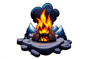 Poster - Illustration of a small fireplace with flames and smoke, in a playful and simple style on white