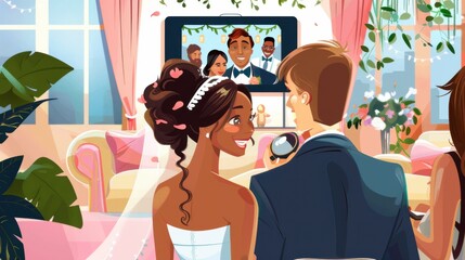 Aufkleber - A couple attending a virtual wedding ceremony with friends and family worldwide, symbolizing connection and celebration in digital gatherings, Contemporary lifestyle scene