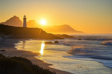 Canvas Print - A serene sunset over a beach with a lighthouse and mountains in the background.