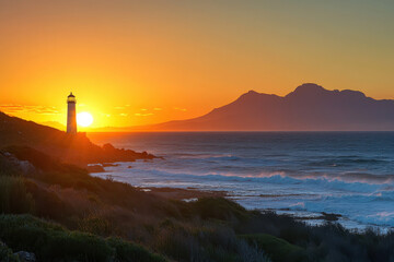 Poster - A serene sunset over the ocean with a lighthouse and mountains in the background.