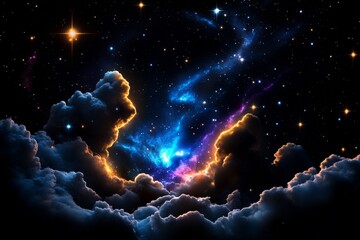 Poster - 3D digital illustration of a star cluster with glowing stars and colorful cosmic clouds, vibrant and immersive