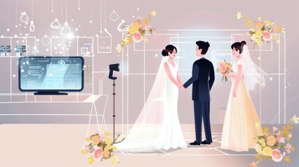 Poster - A couple practicing virtual wedding planning with digital tools and decor simulations, symbolizing modern preparations and customization in weddings, Contemporary lifestyle scene