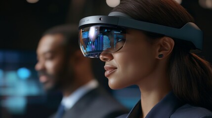 Poster - Woman Wearing Augmented Reality Headset Views Data