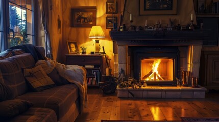 Poster - A cozy living room with a traditional fireplace displaying a digital art piece, symbolizing the fusion of classic comfort and contemporary art, Metaphorical of modern life