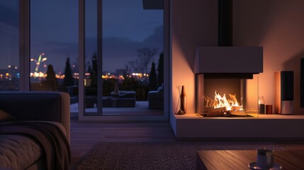 Poster - A cozy living room with a traditional fireplace displaying a holographic fire, set in a modern apartment, symbolizing the convergence of traditional comfort and futuristic technology
