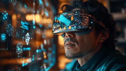 Aufkleber - Man Immersed In Virtual Reality Cityscape Experience