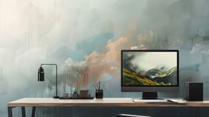 Poster - A desktop computer with a landscape painting emerging from the screen, against a minimalist office background, symbolizing the fusion of technology and traditional art