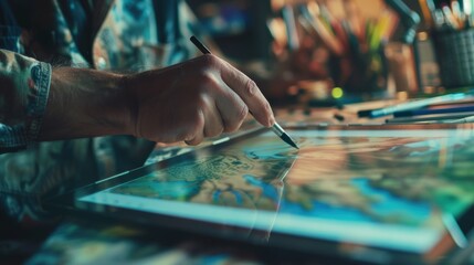 Poster - A digital artist creating concept art on a high-resolution tablet with stylus, Artistic creation scene, Contemporary style