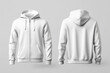 © Mary Salen - Unisex white zip front hoodie mockup front and back zipper closed hood down good style and shape on gray background no people, with copy space mens womens