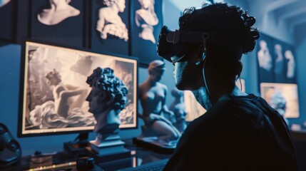 Poster - A digital artist creating virtual reality sculptures in a virtual studio, Virtual reality art scene, Surreal style