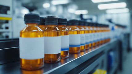Poster - A row of bottles with white labels on a shelf. The bottles are all the same color, and they are lined up in a row