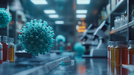 Poster - A virus is floating in the air in a lab. The lab is filled with various bottles and vials, and a syringe is on the counter. Scene is ominous and foreboding