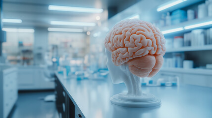 Poster - A white head with a pink brain is on a table in a lab. The lab is filled with various medical equipment and supplies. Concept of scientific exploration and discovery