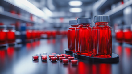 Poster - A row of red bottles with pills inside. The bottles are lined up on a table