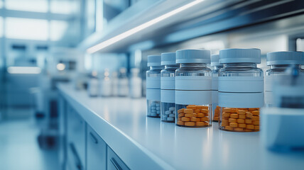 Poster - A row of medicine bottles on a counter with a white background. The bottles are in various sizes and colors, including white and orange. Concept of organization and cleanliness