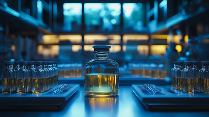 Poster - A bottle of liquid is on a table in front of many other bottles. The scene is dimly lit, giving it a mysterious and somewhat ominous atmosphere