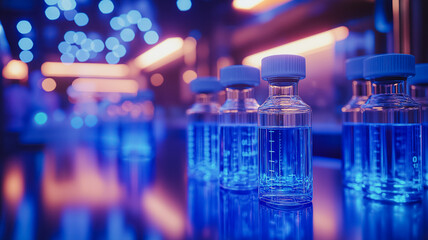 Poster - A row of blue bottles with white lids sit on a table. The bottles are all the same size and shape, and they are all filled with a clear liquid