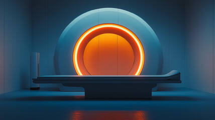 Poster - A large, white, and orange MRI machine is in a room. The machine is surrounded by a blue wall