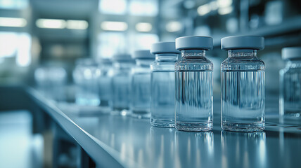 Poster - A row of clear bottles with white lids on a table. The bottles are filled with water
