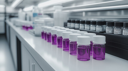 Poster - A row of purple bottles on a white counter