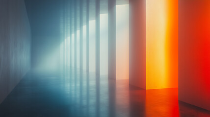 Poster - A long, empty hallway with white walls and orange lights. The lights are on, creating a warm and inviting atmosphere. The hallway is dimly lit, giving it a mysterious and ethereal feel