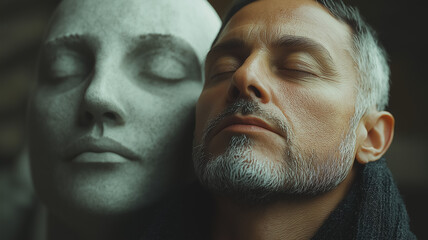 Poster - A man and a woman are lying next to each other, with the man's face showing a sense of calmness