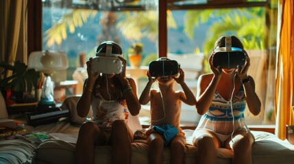 Poster - A family enjoying a virtual reality vacation experience at home, VR travel scene, Immersive style
