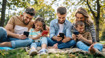 Aufkleber - A family enjoying outdoor activities while staying connected through mobile devices, symbolizing bonding in a tech-savvy family, Contemporary lifestyle scene