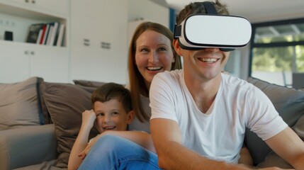 Poster - A family exploring virtual reality educational simulations for interactive learning experiences at home, symbolizing enrichment and curiosity in digital educational tools, Contemporary lifestyle scene