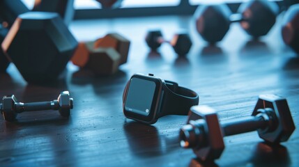 Aufkleber - A fitness tracker surrounded by motivational gym equipment, Fitness motivation scene, Modern lifestyle style
