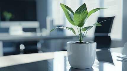 Poster - A flower pot with a digital plant growing out of it, placed on a sleek, modern office desk