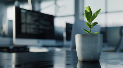 Poster - A flower pot with a digital plant growing out of it, placed on a sleek, modern office desk