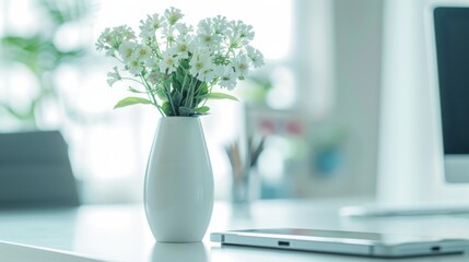 Poster - A flower vase with a USB port and digital flowers growing out of it, placed on a sleek office desk, symbolizing the fusion of nature and technology in modern workplaces