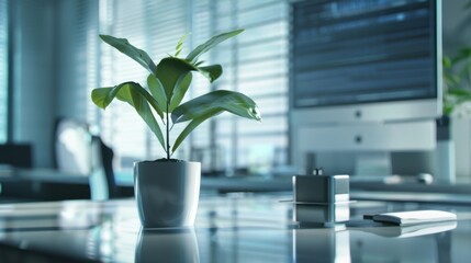 Poster - A flower pot with a digital plant growing out of it, placed on a sleek, modern office desk